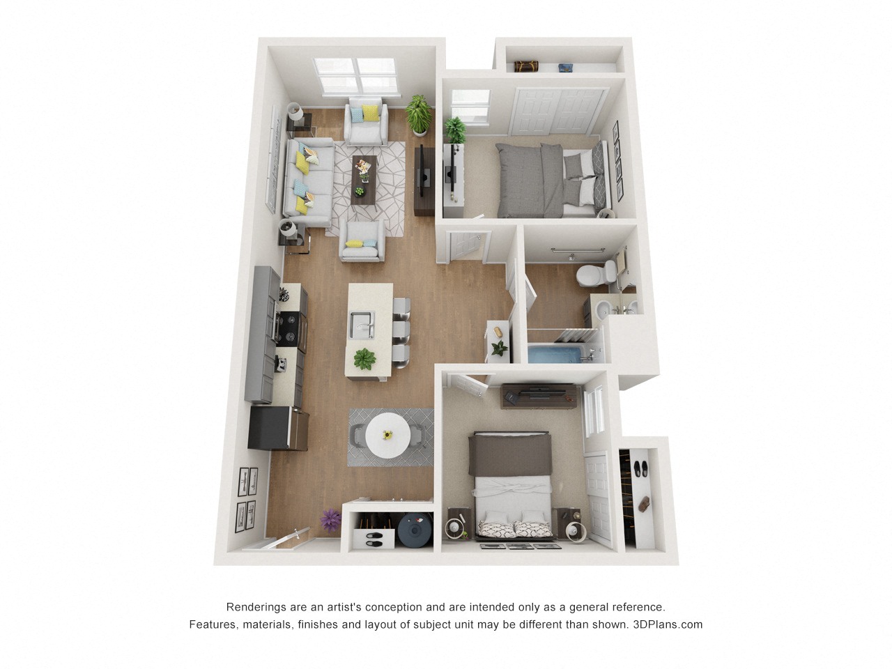 Floor plan for 2 beds, 1 bath, 831 sqft